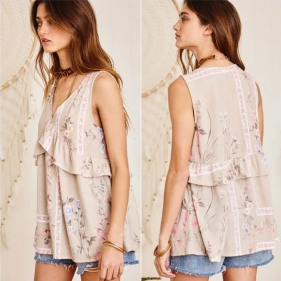 taupe pink floral boho womens ruffle top - Picture 3 of 4